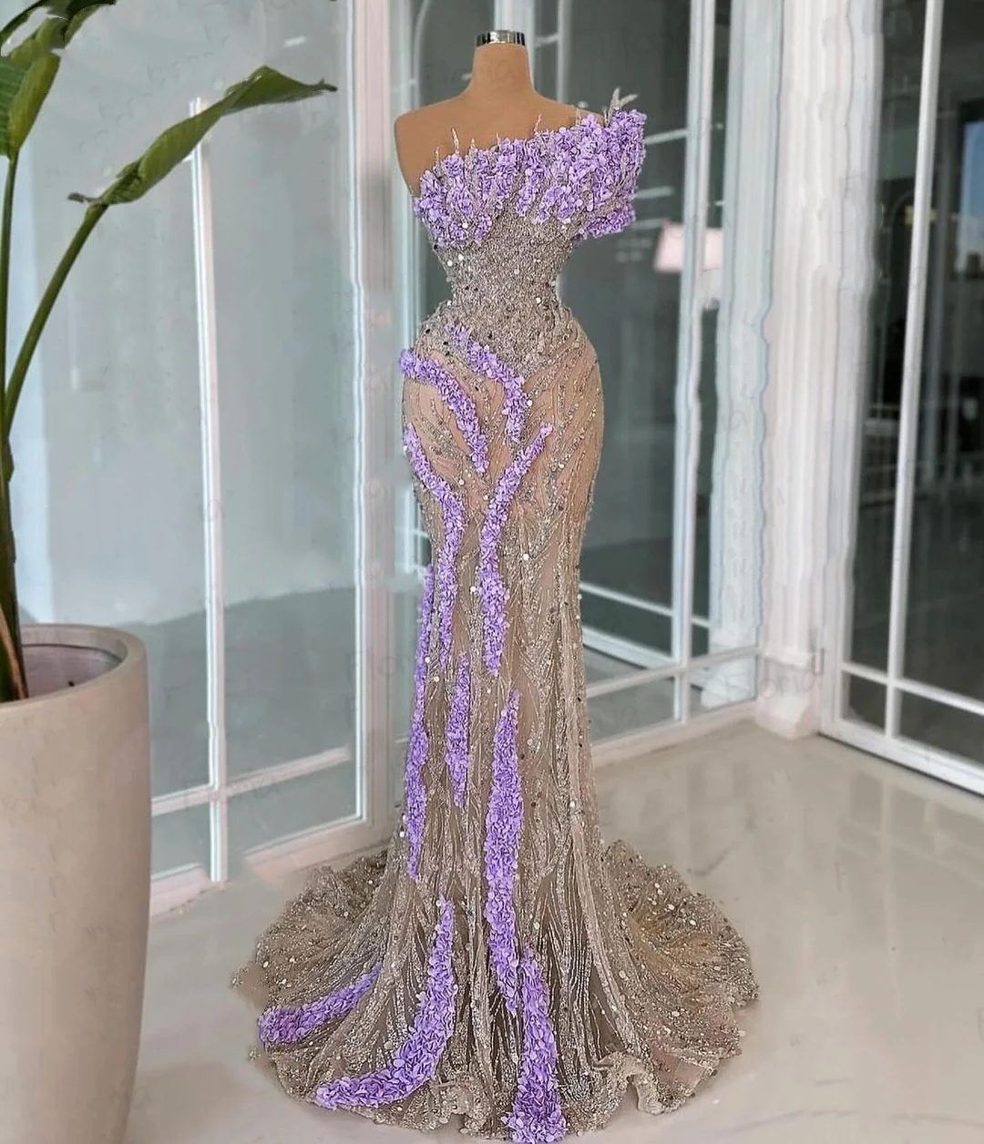 One Shoulder Sequined Evening Dress, 3D Appliques, Ruffles, Sweep Train, Custom Fit, Party Gown
