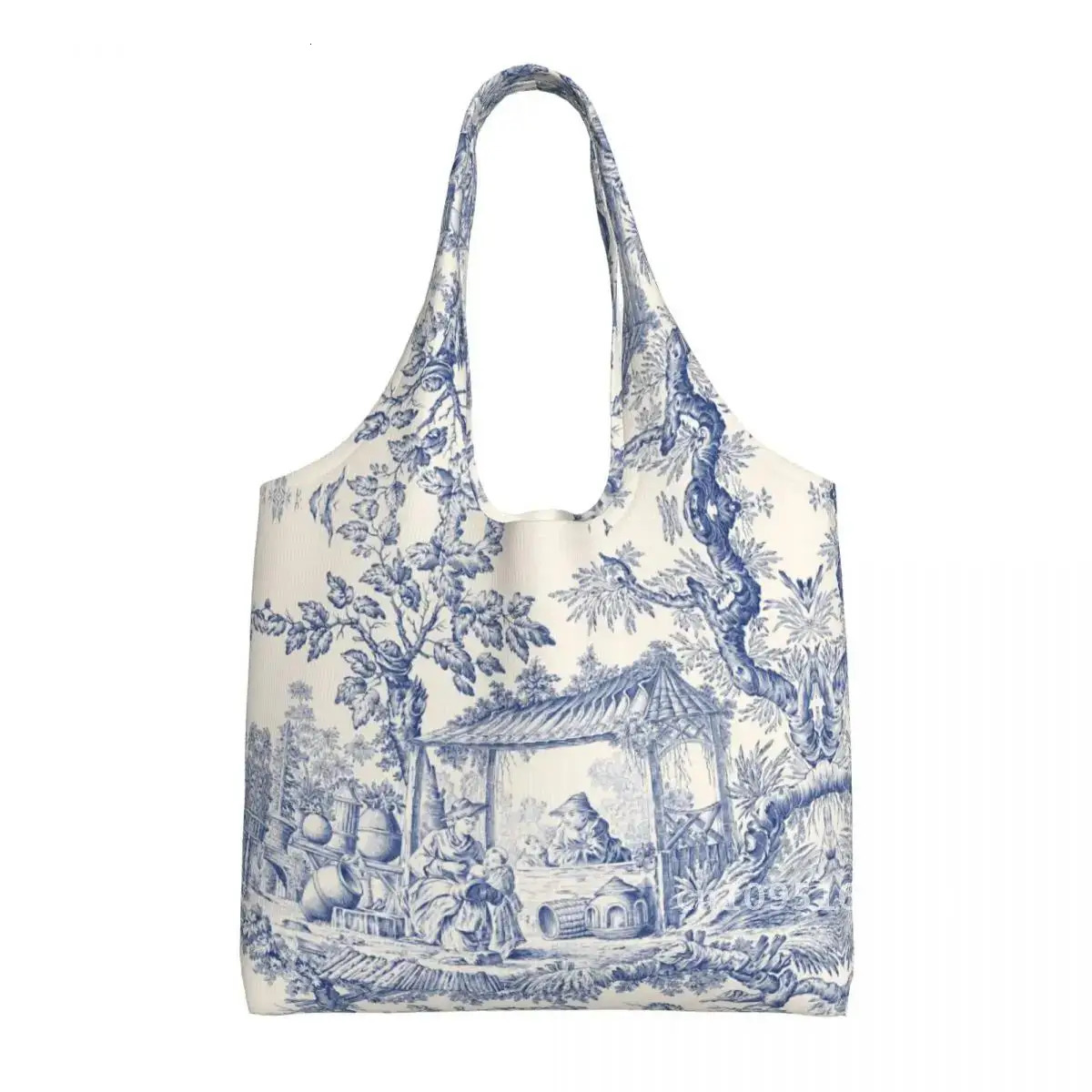 Custom Vintage Classic French Toile De Jouy Navy Blue Motif Pattern Shopping Tote Bag Reusable Canvas Shopper Shoulder Handbag 250102