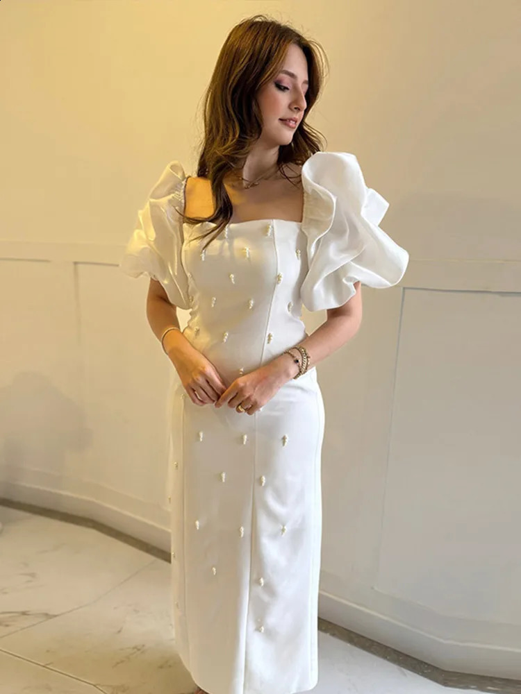 Elegant square neckline womens dress fashionable short sleeved puff sleeves slim fit womens dress 2025 Chinese Year summer womens wedding dress 241230