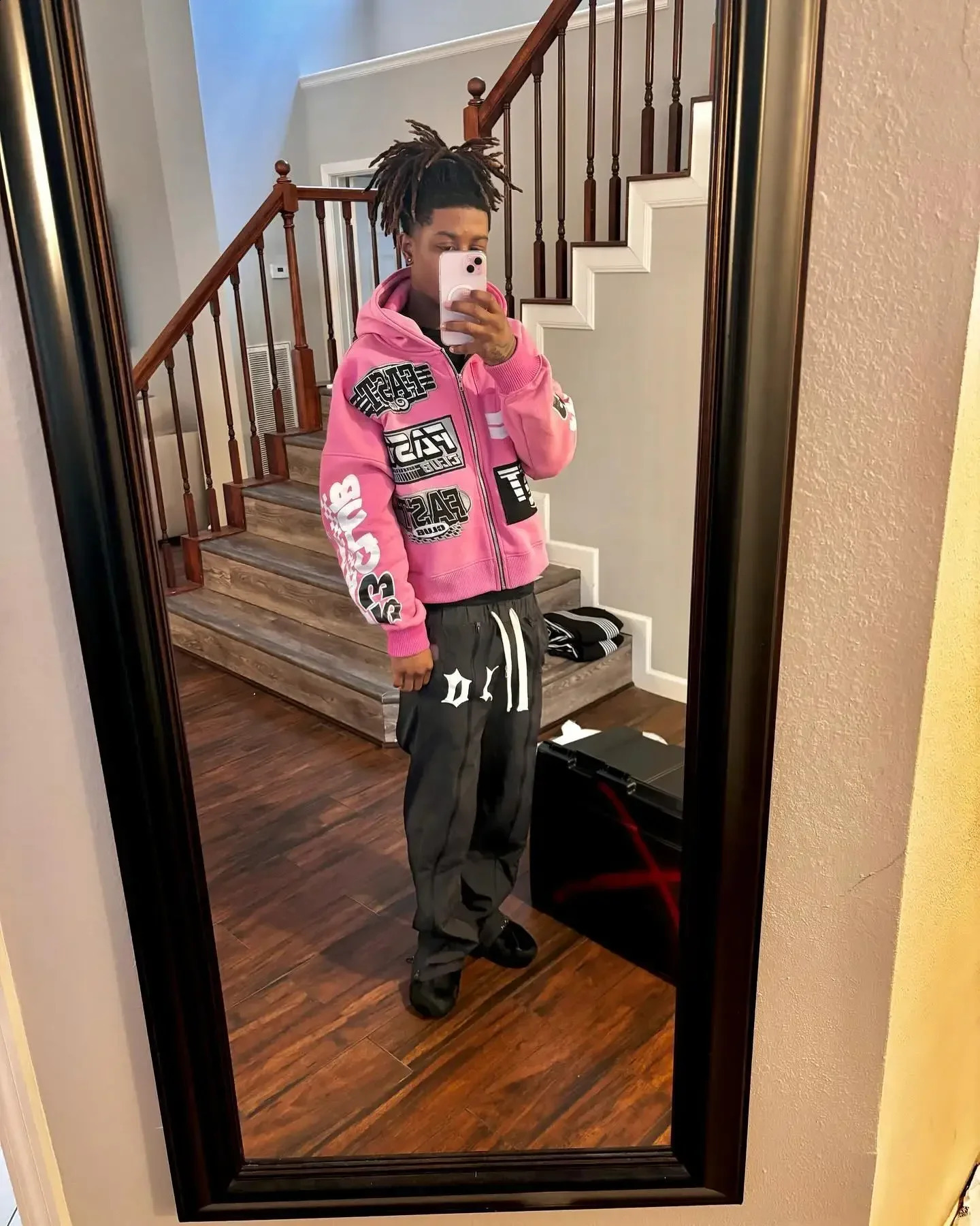 Y2k Fashion Men Letter Printed Zipper Pink Hoodie Casual Vintage Harajuku Hip Hop Loose Long Sleeved Jacket Hip hop Hoodie 241231