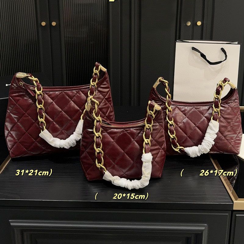 Three Sizes Designer Women Hobo Underarm Bag Woven Thick Chain Quilted Leather Gold Metal Hardware Diamond Lattice Zipper Makeup Tote Shoulder Handbag 20/26/31cm