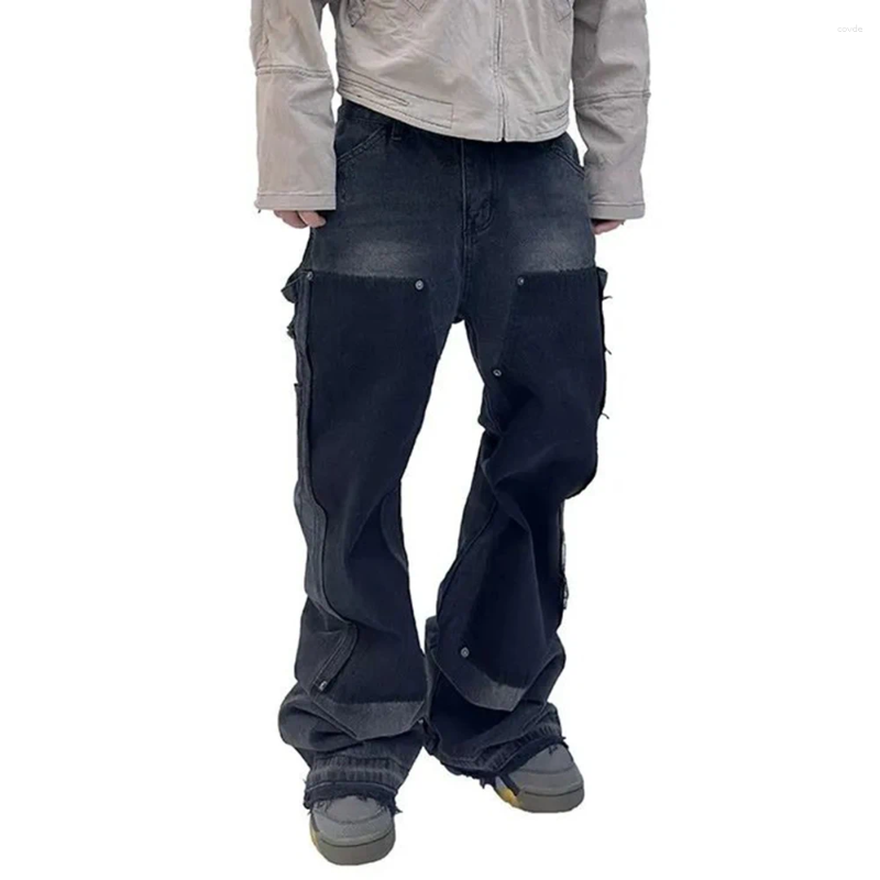 Men's Jeans Y2k Fashion Hip Hop High Street Double Knee Washed Design Rivets Destroyed Tassel Cargo Pocket Men Women Casual Trousers