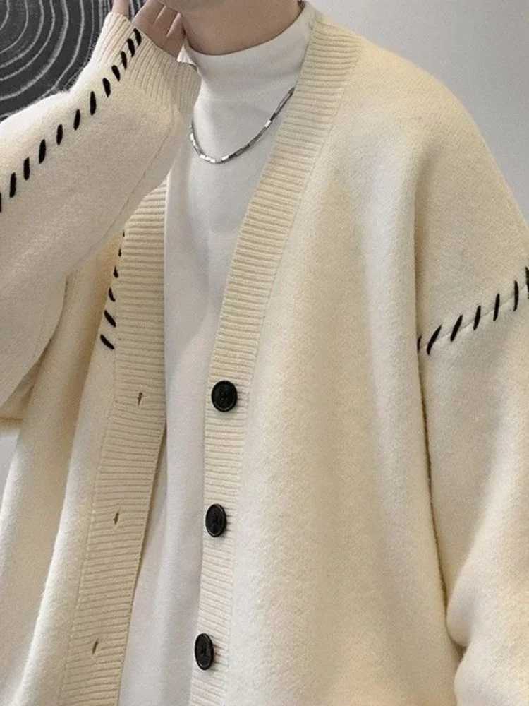 Mens clothing V-neck cardigan wool sweater white knitted mens patch work cute Japanese Harajuku fashion long sleeved super suitable for Korea M250102