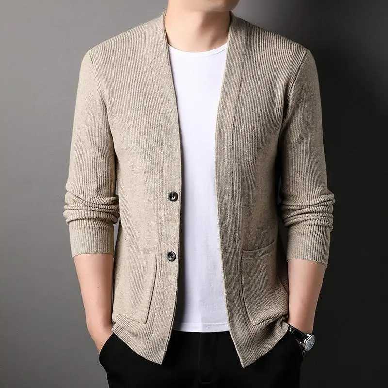 Spring/Autumn New Knitted Open Knitted Woolen Sweater Mens Korean Edition Trend Outward Sweater for Young Middle aged and Elderly Simple Casual Jacket