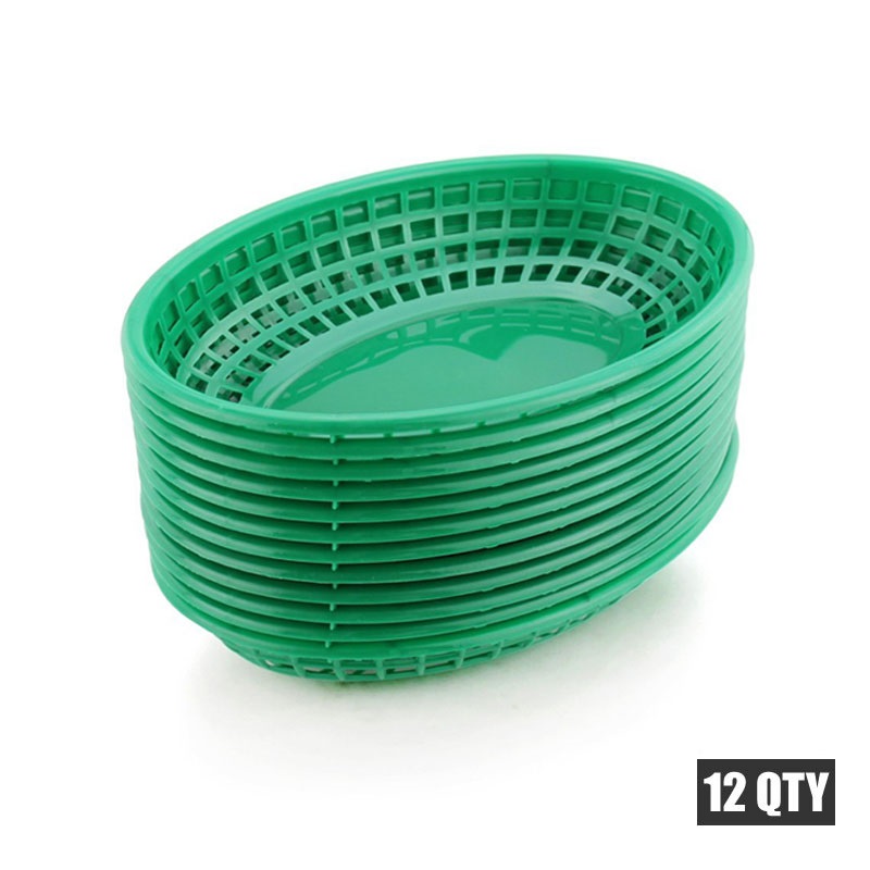 6 -12pcs Oval Food Basket Hamburger Dinner Plates Set Plastic Fast Food Trays Restaurant BBQ Dinner Plate Serving Tray Green