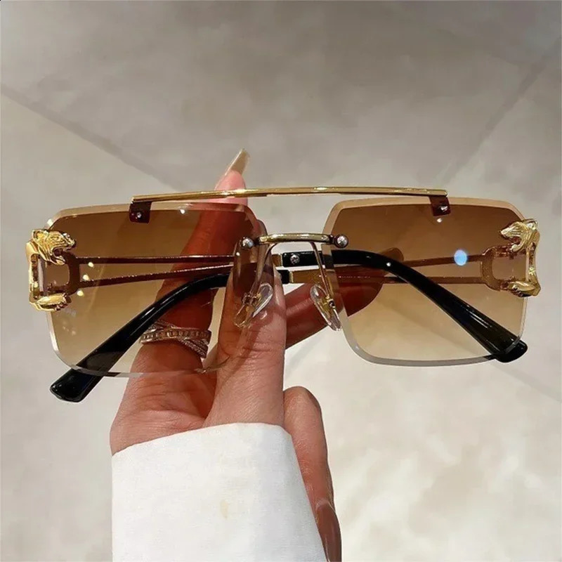 A Pair Of Frameless Dia Cut Edge Box CrossBorder Glasses Leopard Head Sunglasses Men And Women Dual Beams Personalized Tren 241228