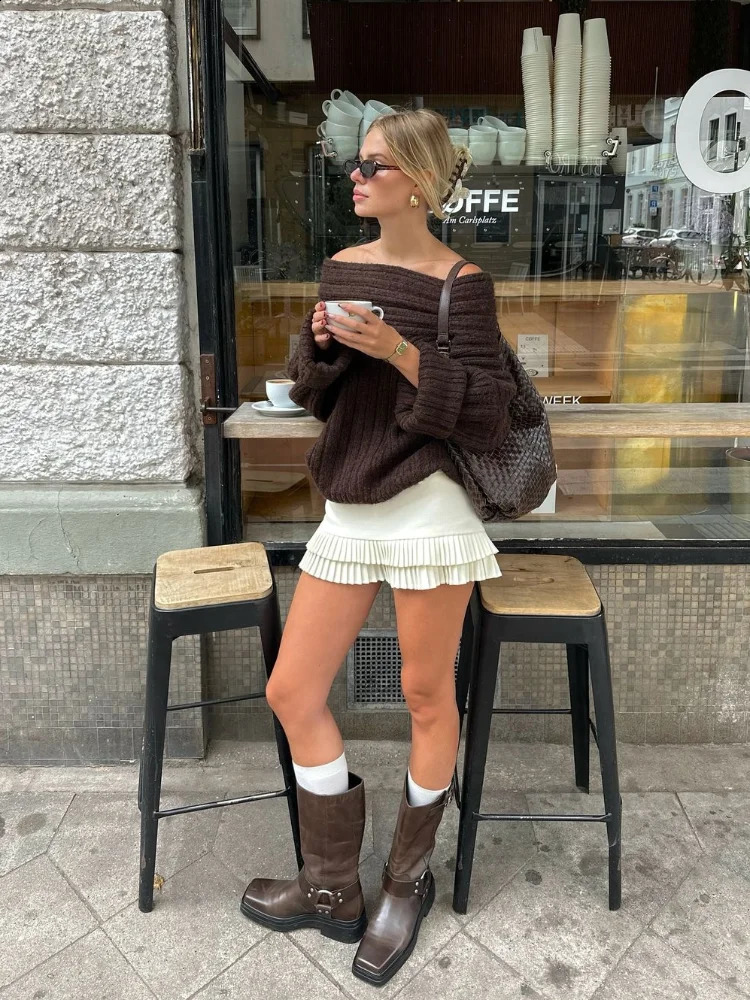 Womens sexy solid single neck ribbed sweater fashionable off shoulder long sleeved knitted pull-out autumn womens fashion street knitted 241231