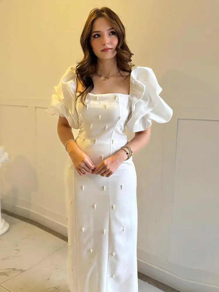 Elegant square neckline womens dress fashionable short sleeved puff sleeves slim fit womens dress 2025 Chinese Year summer womens wedding dress 241230