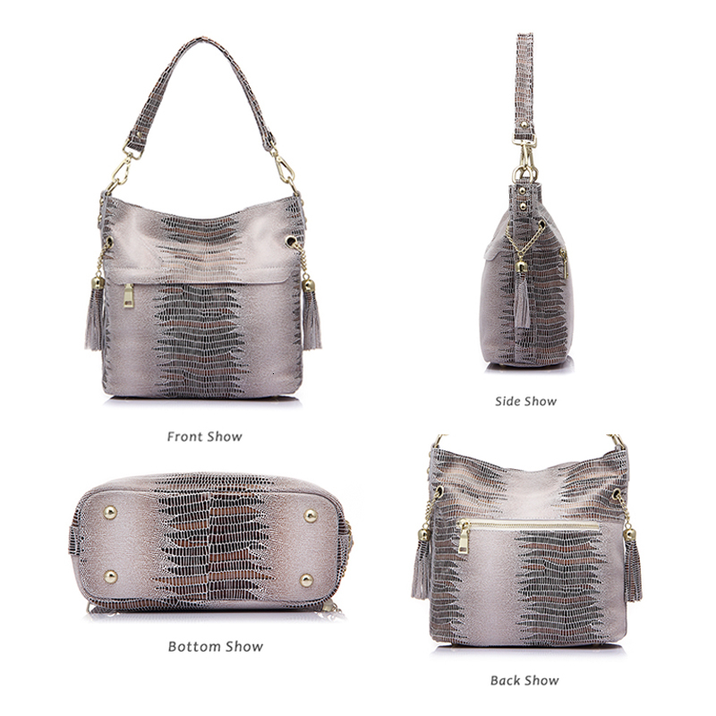 100% Genuine Women's Shoulder Handbags Shiny Emed Lady Suede Cowhide Real Leather Bags New Cross Body Bucket Bag