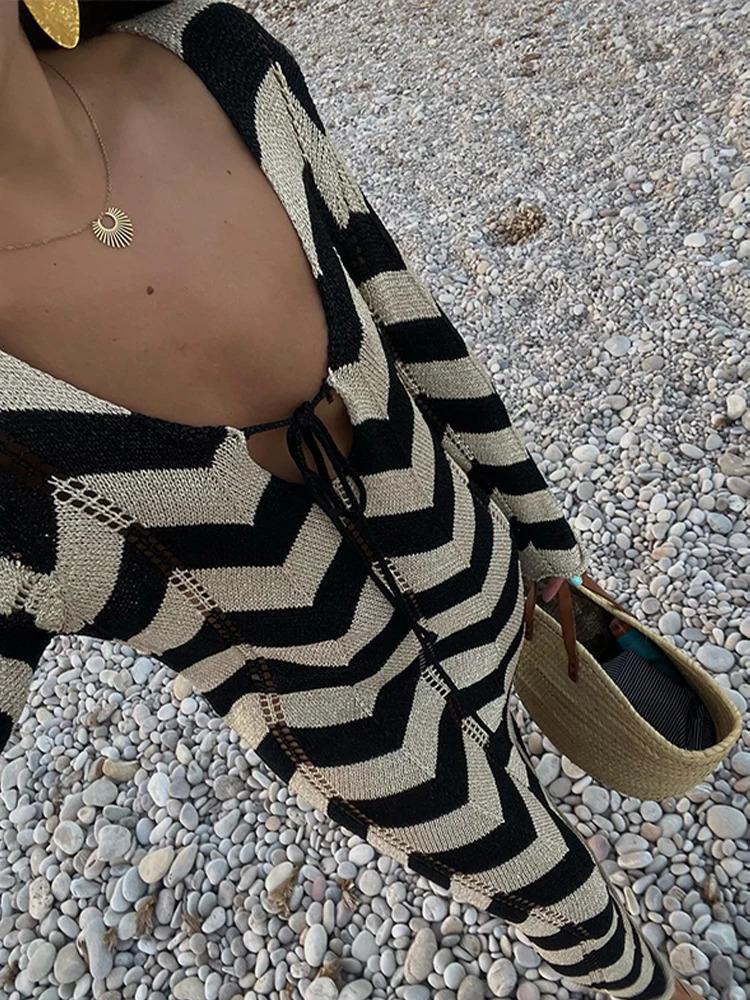 Striped Knitted Women Dresses Long Sleeve Lace Up Maxi Beach Dress For Woman Slim Knitting Hollow Out Square Neck Robes 241231