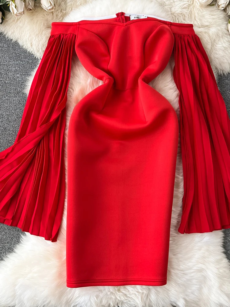 XFPV Womens Dress with Slant Collar Shining Sleeves Solid Color High Waist Folded Zipper Elegant Tank Top Fashion Spring and Autumn 2025 SM9499 241231
