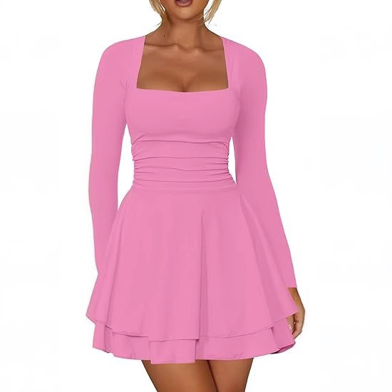 Womens Square Neck Pleated Hem Dress with Waist Cinching Long Sleeved Tight Fitting Short Party Dress