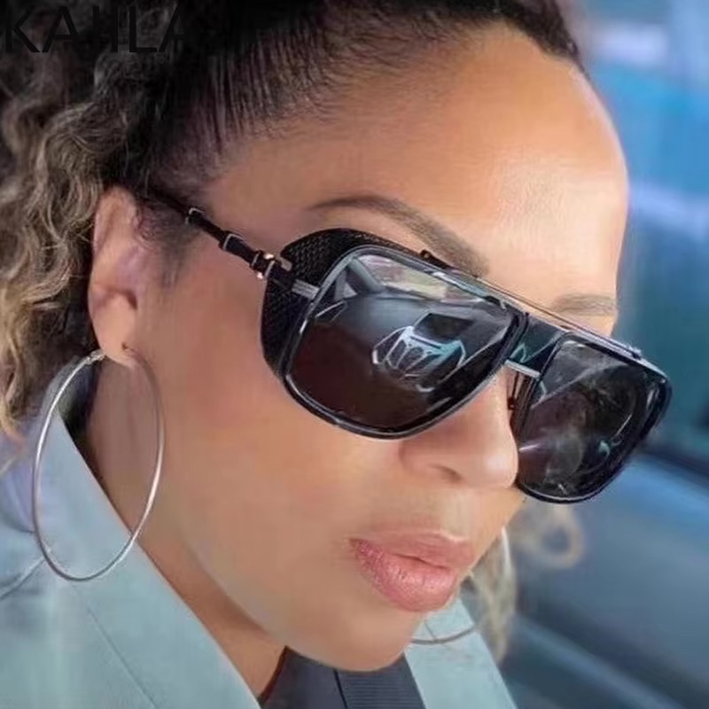 Steampunk Oversized Sunglasses with Side Shields Mens Fishing Pilot Goggles Brand Designer Big Golden Retro Driving Gothic Large Cool Cyberpunk y2k JH
