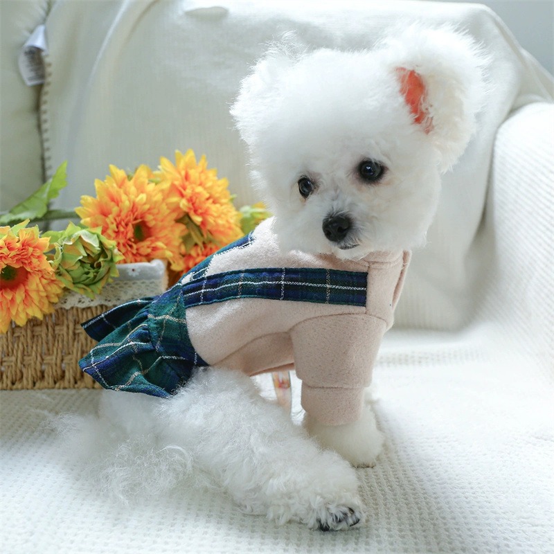 Pet Clothes Cat Autumn/Winter Thick Bear Hug Pink Plaid Princess Dress Suitable for Small and Medium Dogs