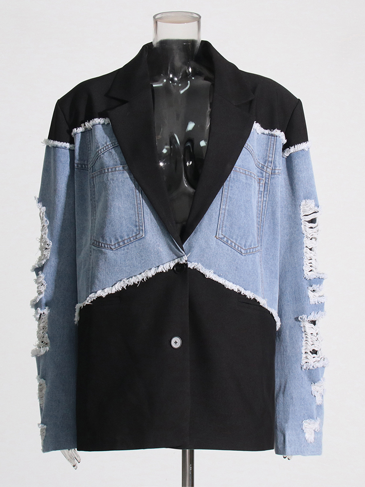 hoodie TWOTWINSTYLE Hit Color Hollow Out Patchwork Button Blazer For Women Notched Coller Long Sleeve Spliced Denim Chic Blazers Female jacket