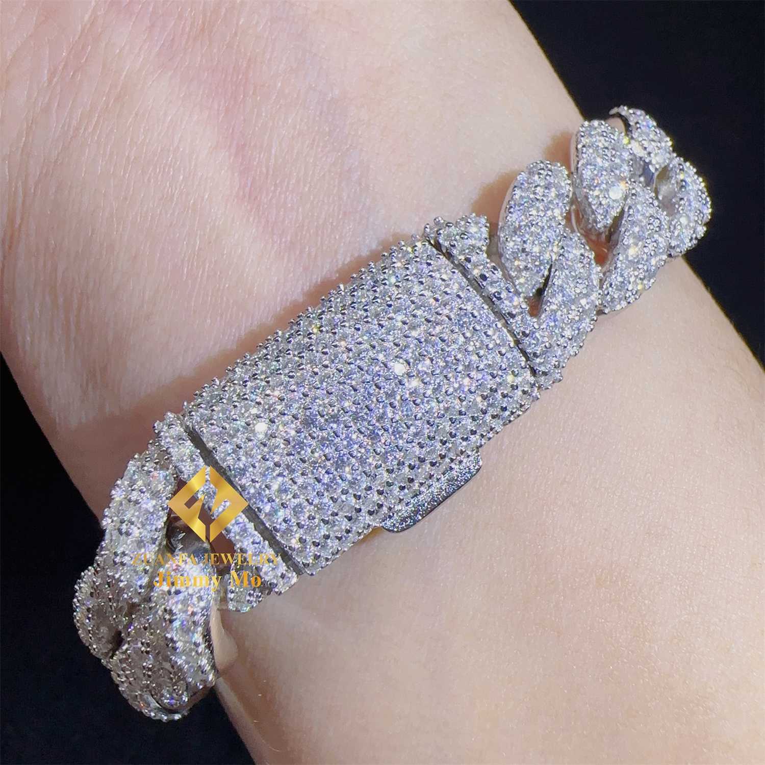 12mm Two Row 925 Solid Silver Iced Out Hip Hop Fire Jewelry VVS Moissanite Best Quality Cuban Link Chain Bracelet
