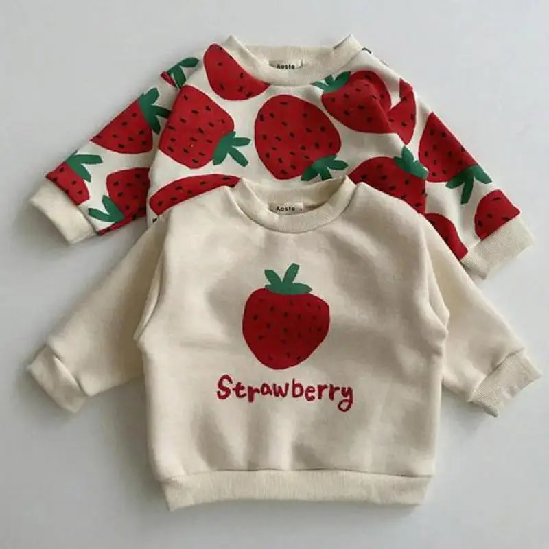 Autumn Winter Boy Girl Children Strawberries Long Sleeve Sweatshirt Kid Cotton Print Thick Warm Tops Baby Fashion Pullover Shirt 241226