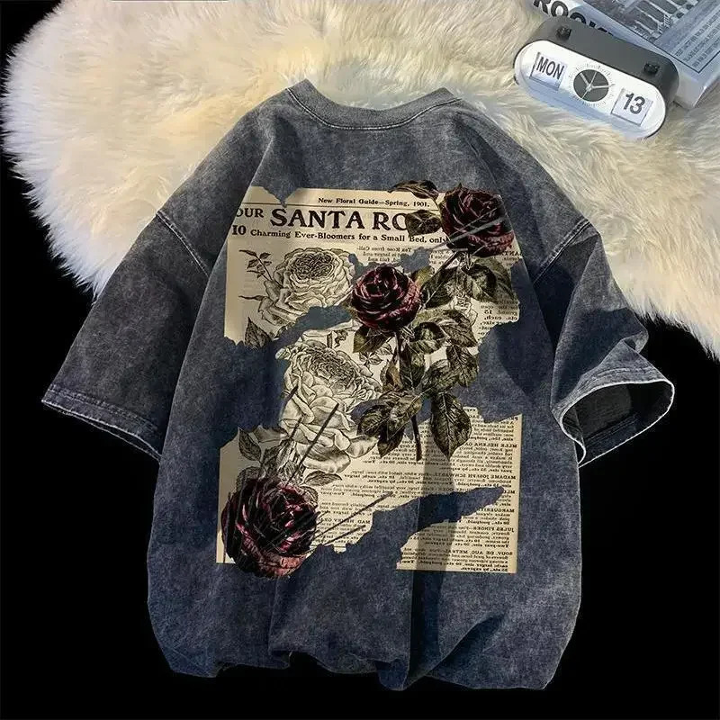 American retro T-shirt washed and worn short sleeved men and women heavyweight top summer oversized loose half sleeved clothes 241231