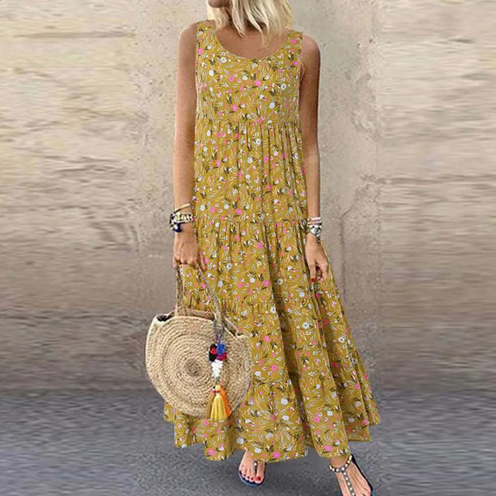 Jocoo Jolee Bohemian Maxi Dress for Womens Casual Retro Sleeveless O-neck Floral Printed Loose Long Skirt Oversized Beach Sun Skirt 241231