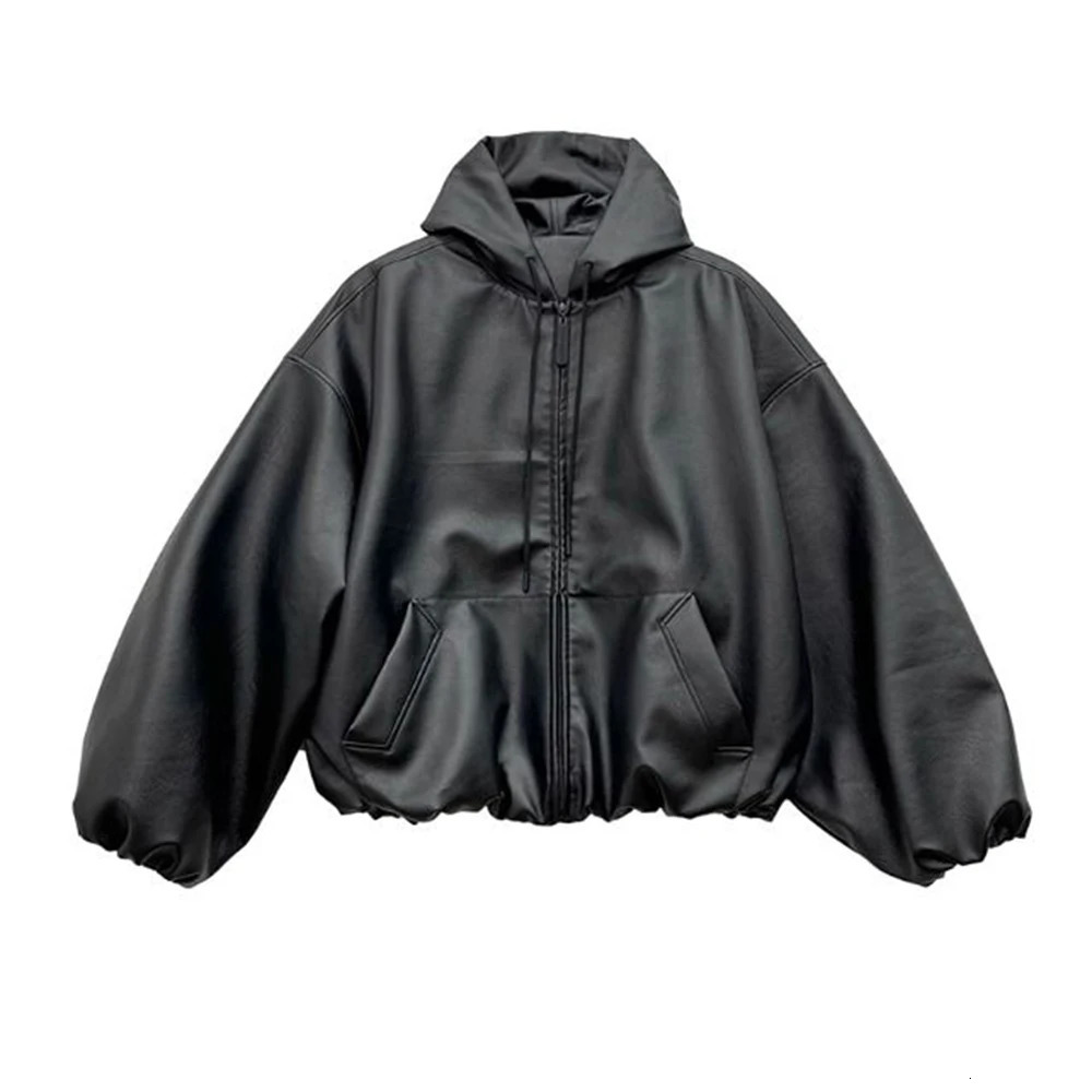 Mens fashion casual Y2k silhouette hooded leather jacket mens autumn and winter smooth windproof motorcycle jacket mens clothing 241230