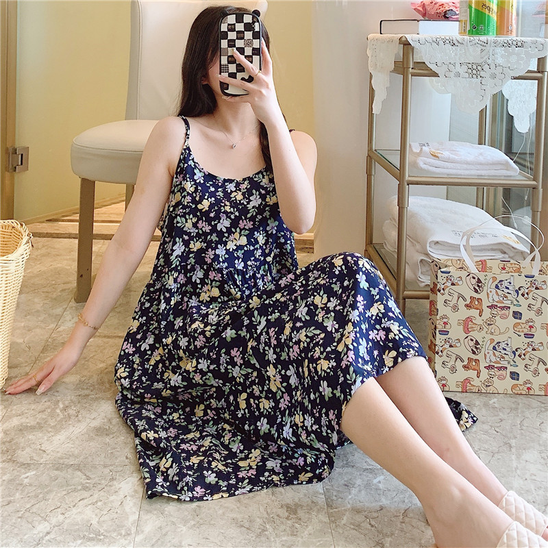 B614-New crepe long-sleeved nightdress for women in spring and summer Thin, simple and comfortable to wear as outerwear Women's mid-length jumpsu