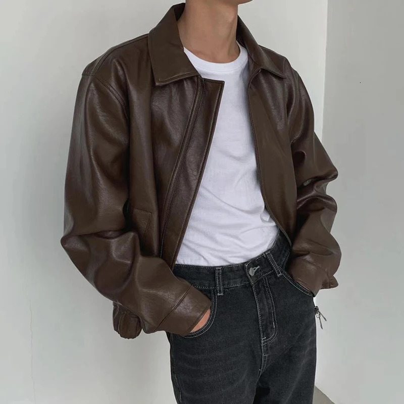 Fashion Y2K mens leather jacket streetwear solid color loose long sleeved PU leather jacket mens autumn retro jacket 241230