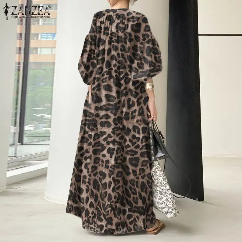 Fashion Printed Maxi Dress Womens Leopard Sundress ZANZEA Spring Puff Sleeve Long Vestidos Female V Neck Robe Oversize 241231