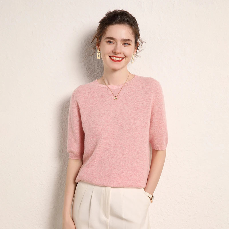 100 cashmere womens sweater short sleeved knitted Oneck five quarter sleeve fashionable selling Tshirt 241231
