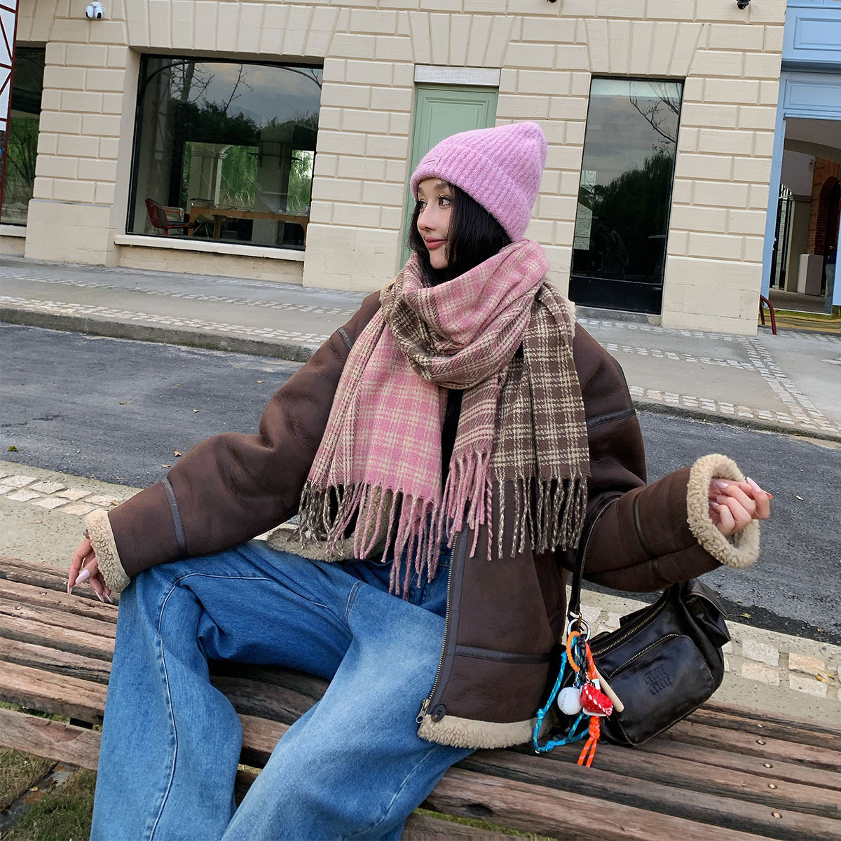 X0190 Japanese imitation cashmere white blue coffee color matching large plaid scarf female winter warm double-sided scarf Korean version