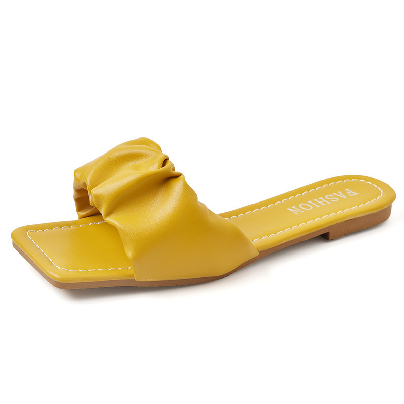 Heeled Ddmywed Flat Women Summer Version Fashionable Pleated Sandals For External Wear Square Headed Fairy Style One Line Slippers Chinese Brand Shoes