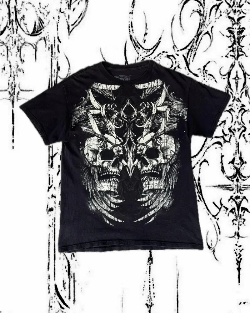 Round neck hip-hop pattern printed mens retro streetwear T-shirt Y2k Gothic Harajuku fashionable loose short sleeved top 241231