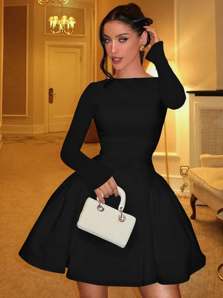 Mozision Elegant Long Sleeve Sexy Womens Mini Dress Solid O-Neck High Waist A-line Bodycon Club Party Dress 241231