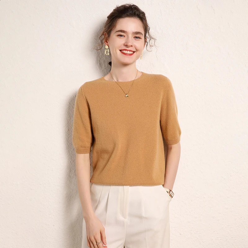 100 cashmere womens sweater short sleeved knitted Oneck five quarter sleeve fashionable selling Tshirt 241231
