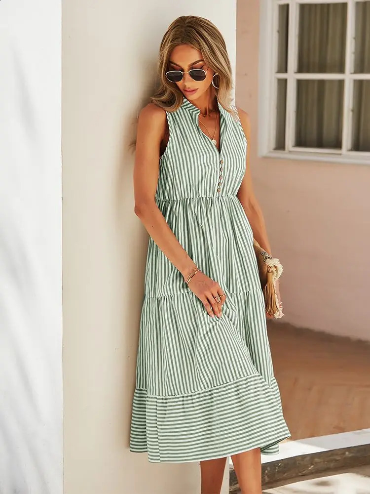 Womens Retro Bohemian Summer Dress Womens Sleeveless Casual Holiday Striped Shirt Womens Sundress Dress Womens Robe Vest 241231