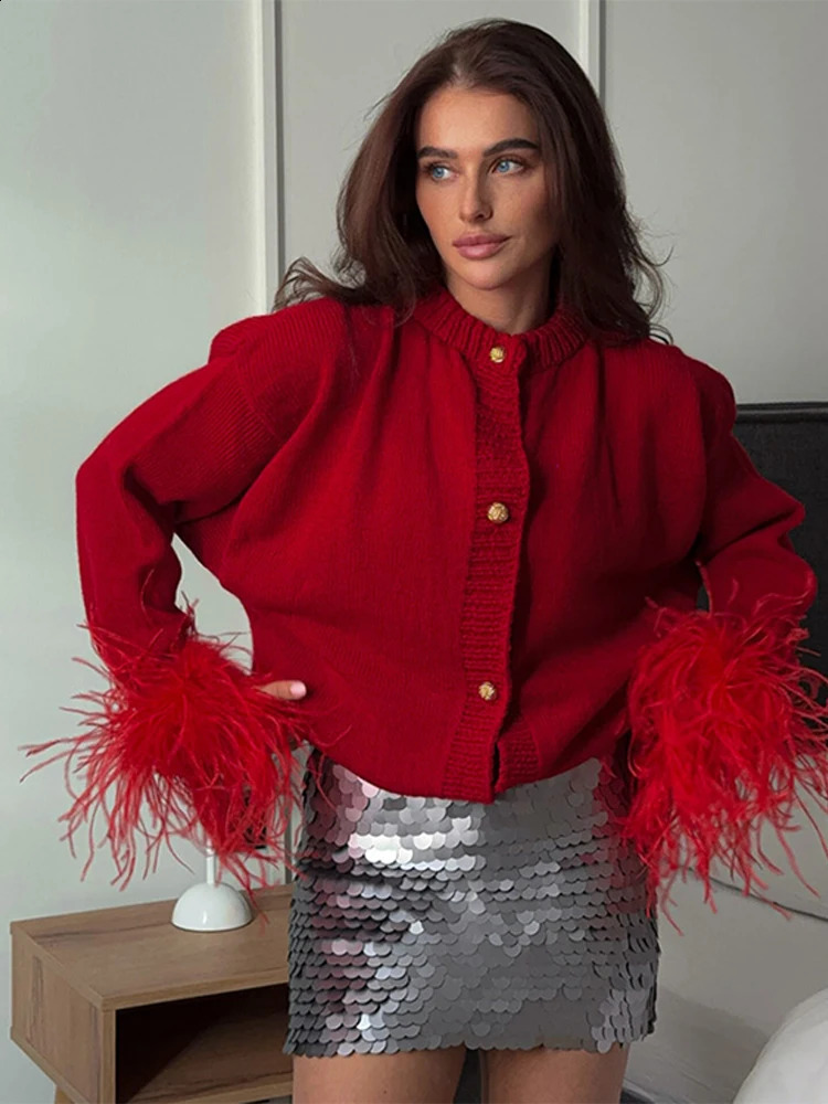 Feather Patchwork Cardigan Women Knit Fashion Single Breasted Turtleneck Loose Long Sleeve Top Sweaters Party Casual Chic Coat 241225