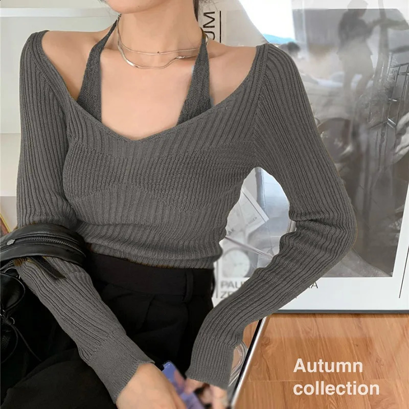 Womens Korean style long sleeved sweater shoulder sexy knitted latte art skydiving sweater knitted sweater casual loose shirt 241231