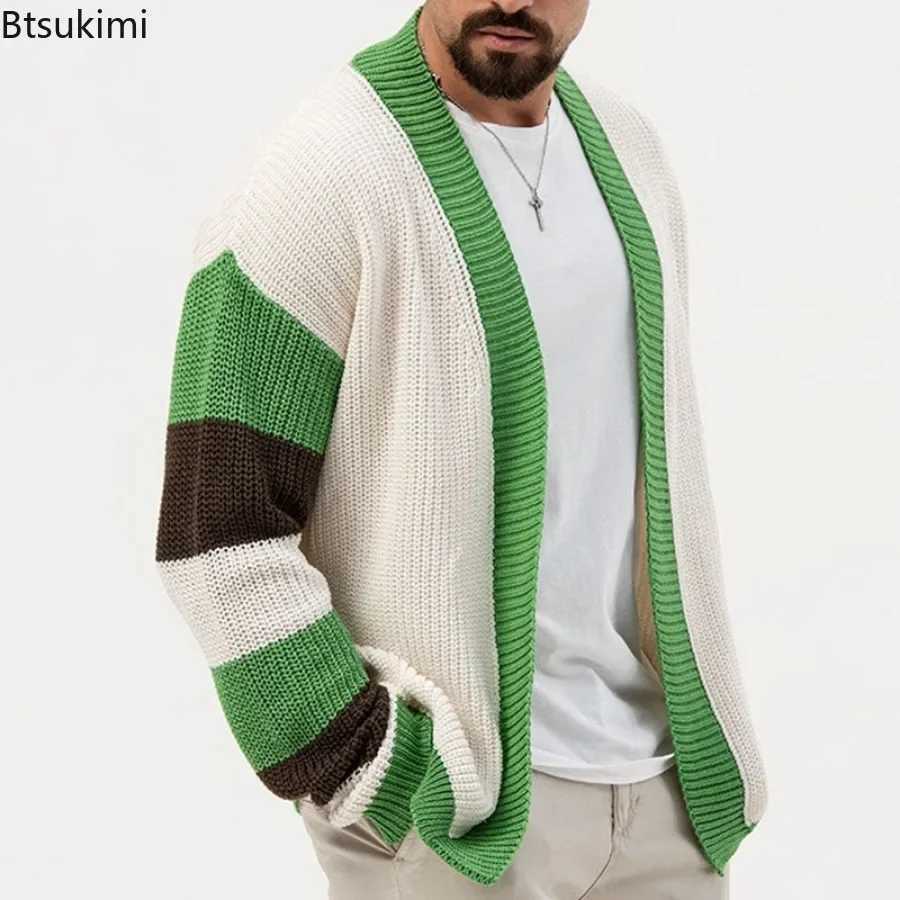 New Arrival Mens autumn and winter sweaters fashionable green loose contrasting color knitted cardigan wool sweater office long sleeved mens cardigan 