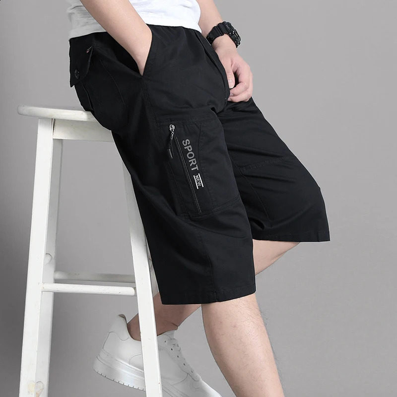 Mens cargo shorts knee pants zipper pocket summer cotton shorts climbing jogging elastic waist sportswear 241231