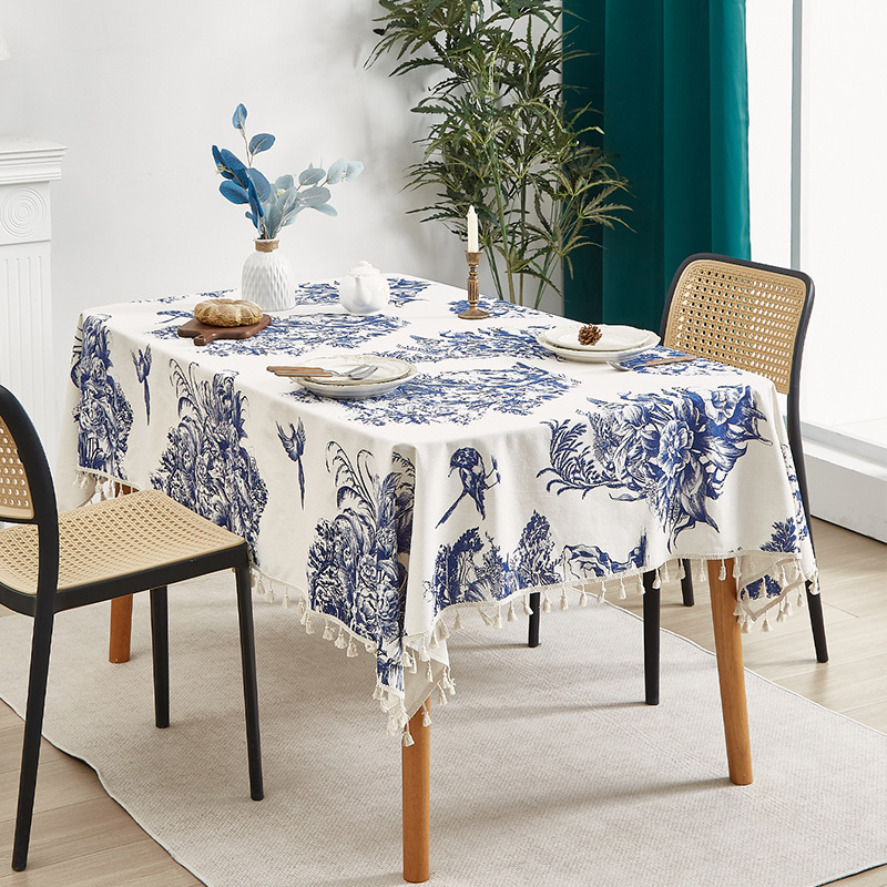 French Retro Blue Ink Pastoral Printing Coffee Table Tablecloth v-1