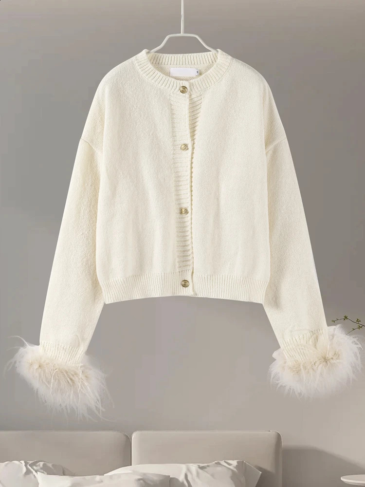 Feather Patchwork Cardigan Women Knit Fashion Single Breasted Turtleneck Loose Long Sleeve Top Sweaters Party Casual Chic Coat 241225