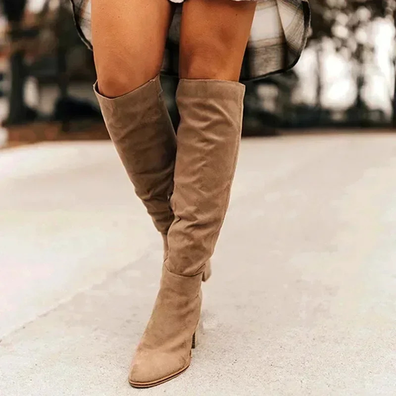 Women Knee-High Boots Sexy High Heels Solid Color Women Shoes Zip Winter Warm Flock Fashion Pointed Toe Rome Females Boots 250102