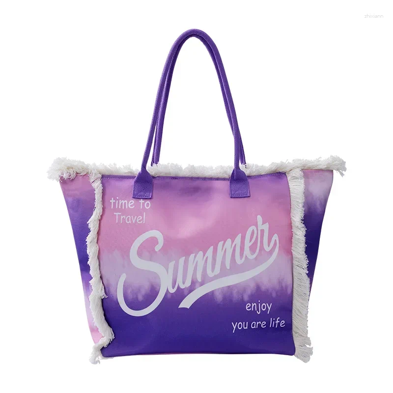 Shoulder Bags Colorful Canvas Tote Women Fashion Tassels Handbag Female Vintage Large Capacity Beach Bag zhanyishengli