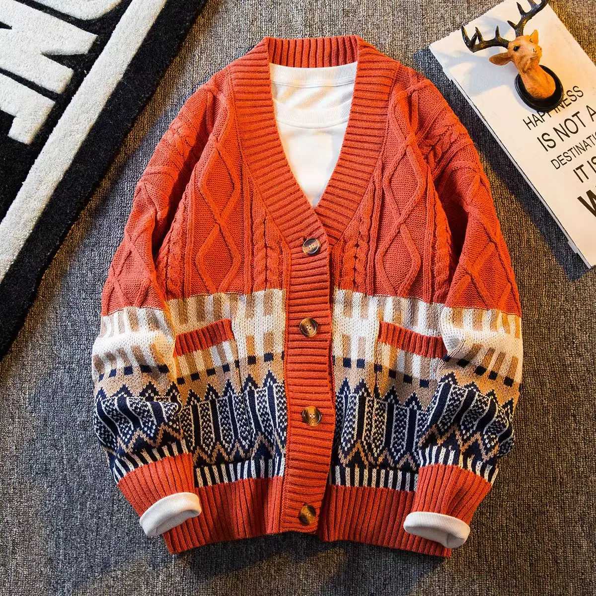 High Quality Spring cardigan mens latte art hip-hop streetwear loose knit Harajuku knit sweater jacket T250102
