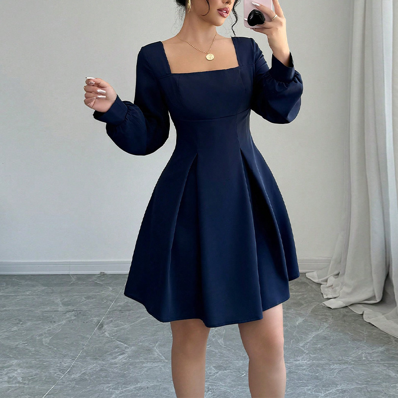 Womens Temperament Solid Color Square Collar Lantern Long Sleeved Dress Slim Fit and Slimming A-line Skirt