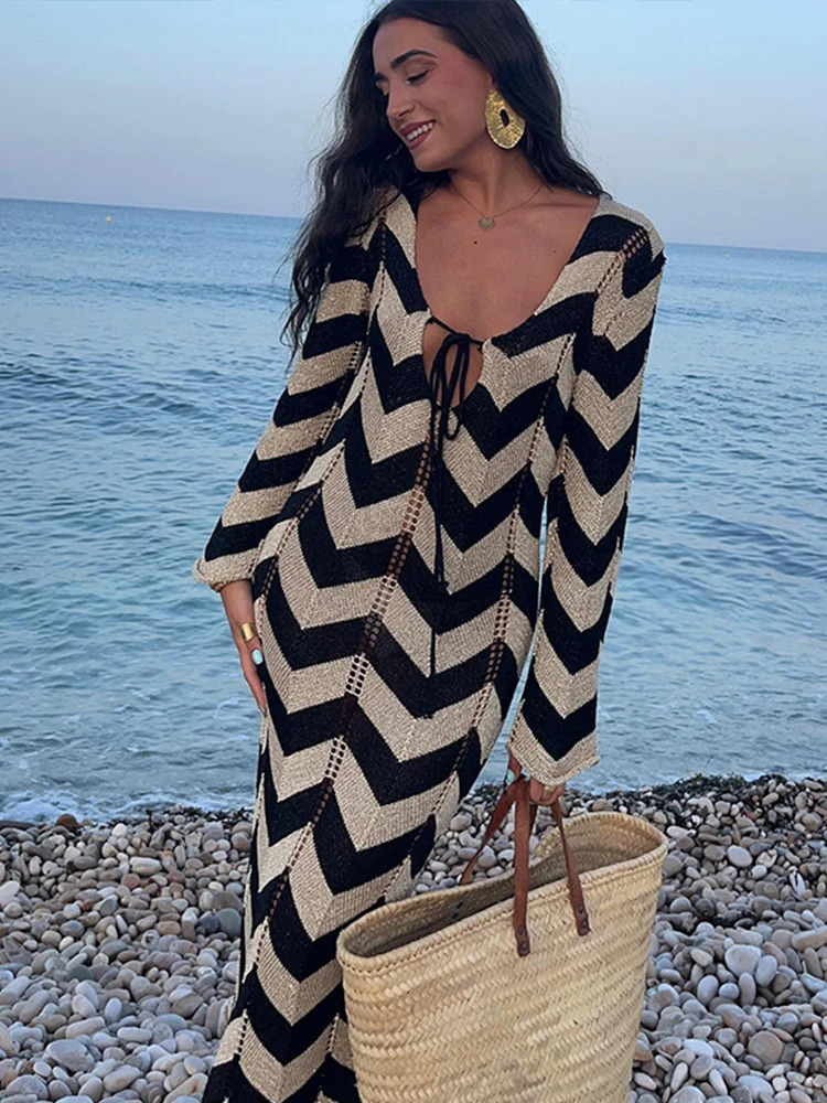 Striped Knitted Women Dresses Long Sleeve Lace Up Maxi Beach Dress For Woman Slim Knitting Hollow Out Square Neck Robes 241231