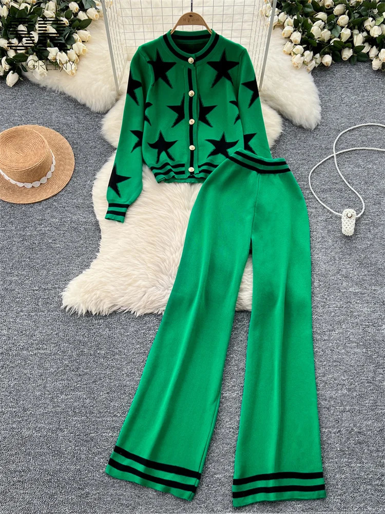 SINGREINY Korean Star Print Knit Two Pieces Suits Women O Neck Single Breasted Cardigan SweaterWide Leg Pants Casual 2pcs Sets 241230