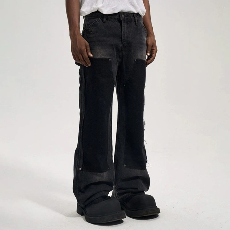 Men's Jeans Y2k Fashion Hip Hop High Street Double Knee Washed Design Rivets Destroyed Tassel Cargo Pocket Men Women Casual Trousers