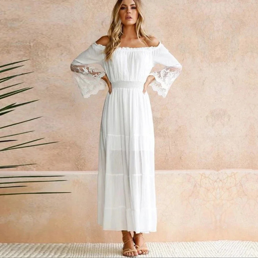 TEELYNN Boho White Sexy Off Shoulder Beach Sun Skirt Sparkling Long Sleeve Spliced Lace Womens Summer Dress 241231