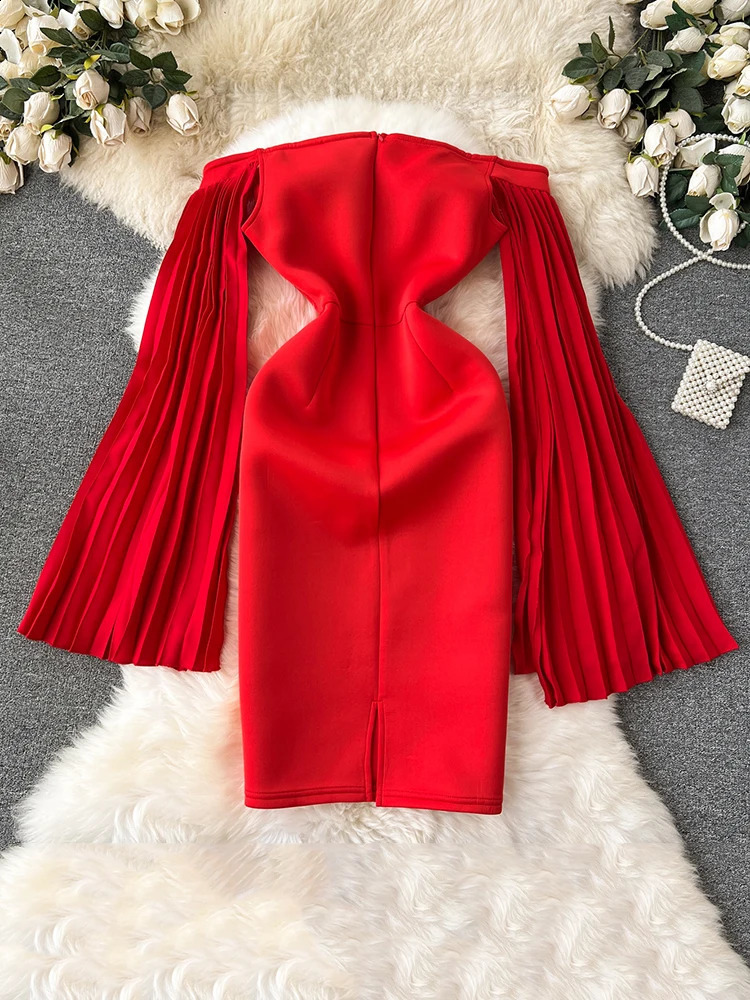 XFPV Womens Dress with Slant Collar Shining Sleeves Solid Color High Waist Folded Zipper Elegant Tank Top Fashion Spring and Autumn 2025 SM9499 241231