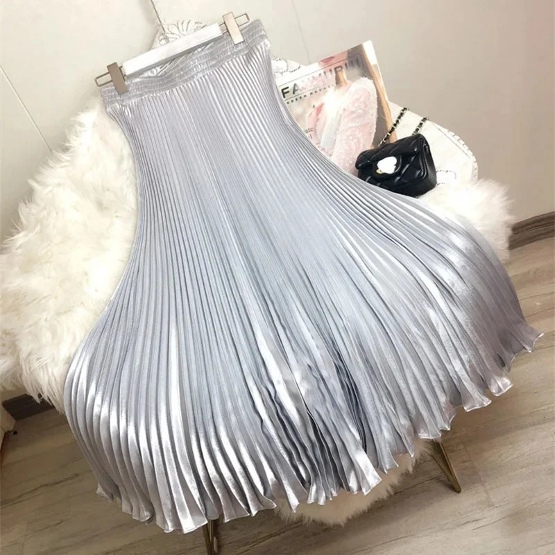 2024 Fashion Women Summer Glossy Satin Pleated Skirt Elastic Waist Dance A-line Skirts Female Reflective Long Mermaid Skirts 241231
